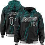 Custom Black Teal-White Splash 3D Pattern Design Bomber Full-Snap Varsity Letterman Hoodie Jacket