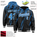 Custom Black Powder Blue-White Splash 3D Pattern Design Bomber Full-Snap Varsity Letterman Hoodie Jacket