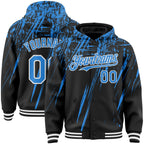 Custom Black Powder Blue-White Splash 3D Pattern Design Bomber Full-Snap Varsity Letterman Hoodie Jacket