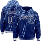 Custom Royal Light Blue-White Splash 3D Pattern Design Bomber Full-Snap Varsity Letterman Hoodie Jacket