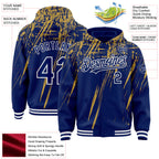 Custom Royal Old Gold-White Splash 3D Pattern Design Bomber Full-Snap Varsity Letterman Hoodie Jacket