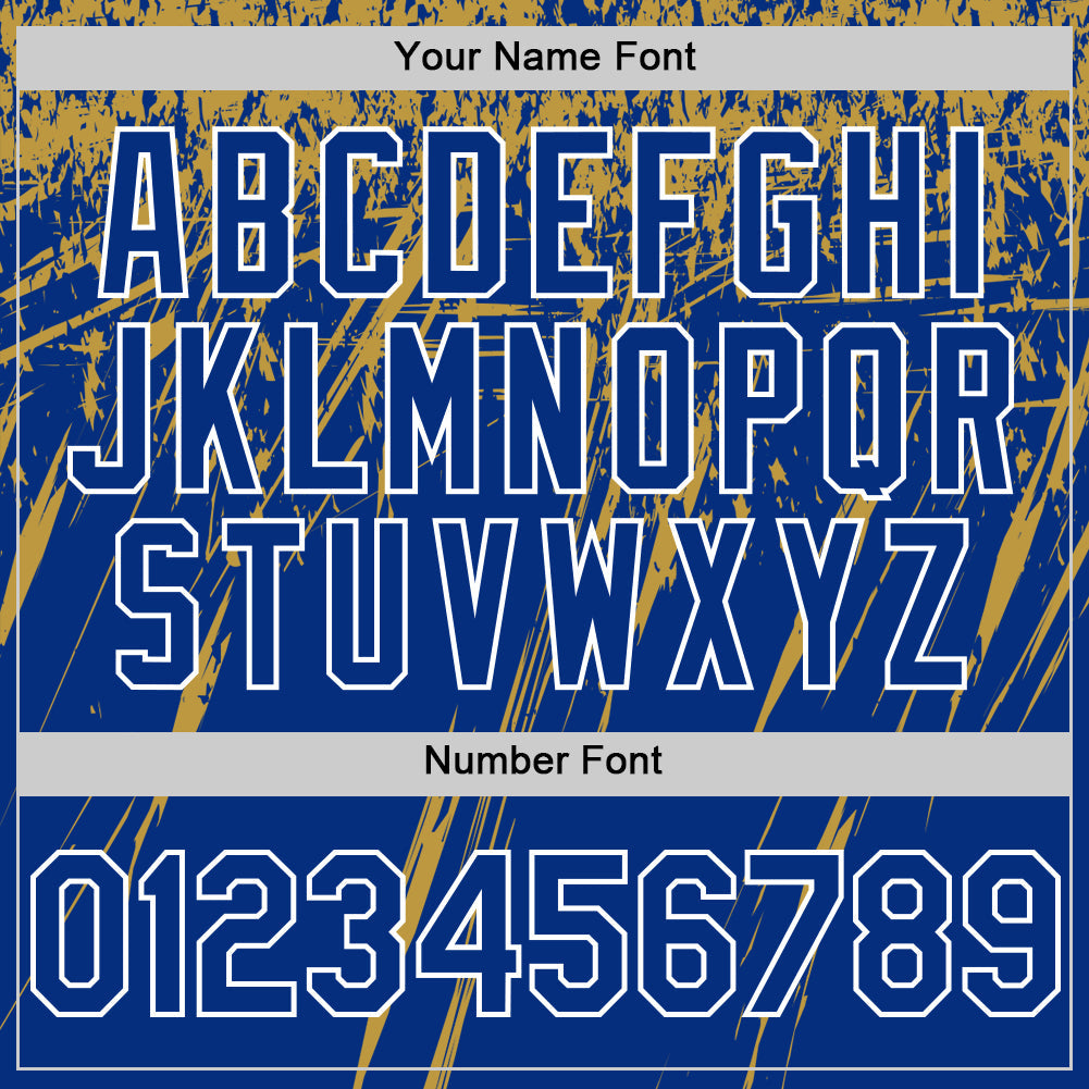 Custom Royal Old Gold-White Splash 3D Pattern Design Bomber Full-Snap Varsity Letterman Hoodie Jacket