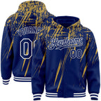 Custom Royal Old Gold-White Splash 3D Pattern Design Bomber Full-Snap Varsity Letterman Hoodie Jacket