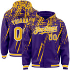 Custom Purple Gold-White Splash 3D Pattern Design Bomber Full-Snap Varsity Letterman Hoodie Jacket