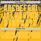 Custom Gold Navy-White Splash 3D Pattern Design Bomber Full-Snap Varsity Letterman Hoodie Jacket