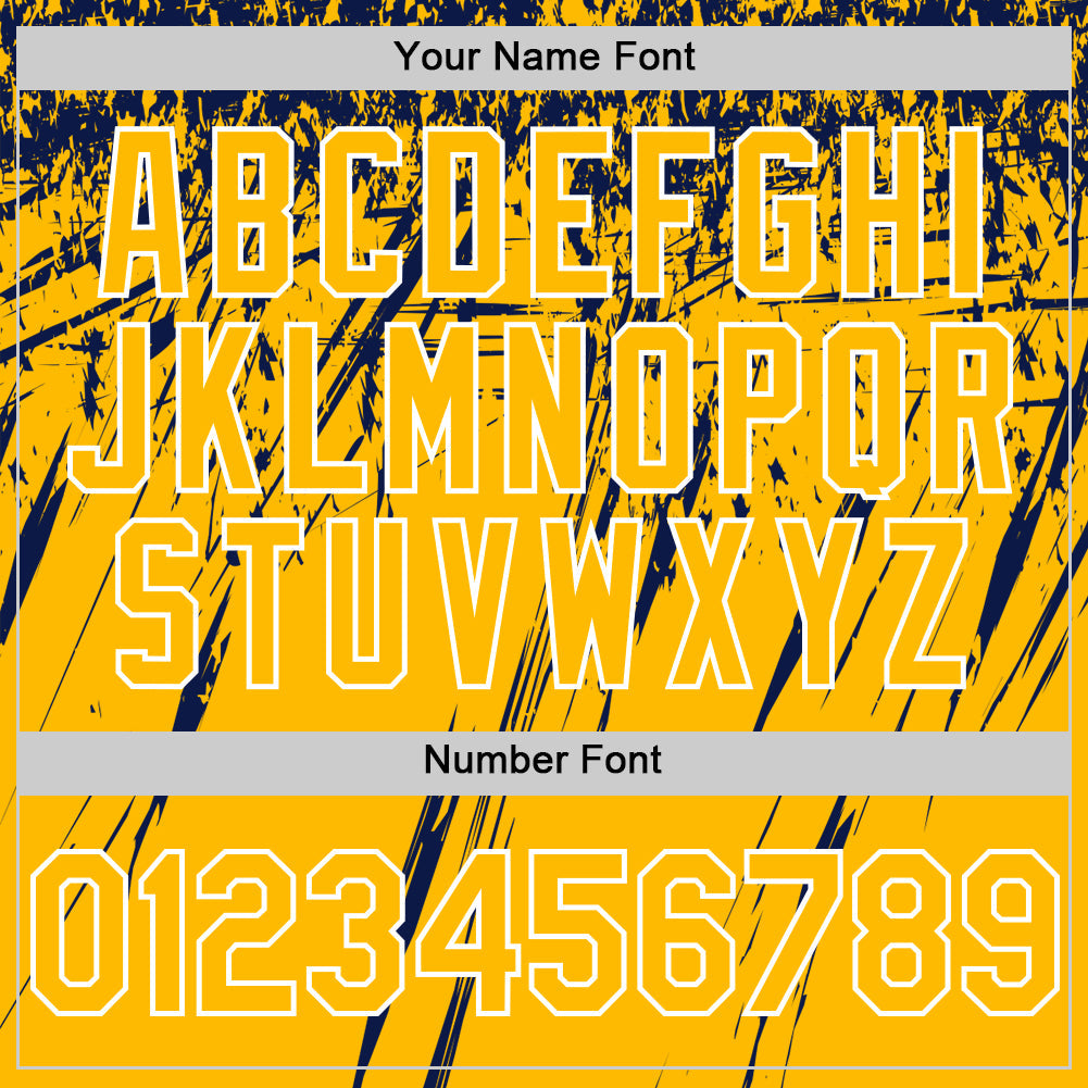 Custom Gold Navy-White Splash 3D Pattern Design Bomber Full-Snap Varsity Letterman Hoodie Jacket