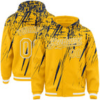 Custom Gold Navy-White Splash 3D Pattern Design Bomber Full-Snap Varsity Letterman Hoodie Jacket