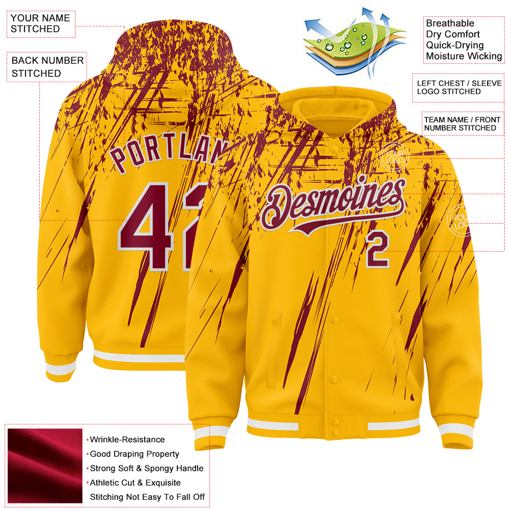 Custom Gold Crimson-White Splash 3D Pattern Design Bomber Full-Snap Varsity Letterman Hoodie Jacket