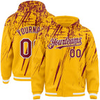Custom Gold Crimson-White Splash 3D Pattern Design Bomber Full-Snap Varsity Letterman Hoodie Jacket