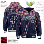 Custom Navy Medium Pink-White Splash 3D Pattern Design Bomber Full-Snap Varsity Letterman Hoodie Jacket