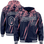Custom Navy Medium Pink-White Splash 3D Pattern Design Bomber Full-Snap Varsity Letterman Hoodie Jacket
