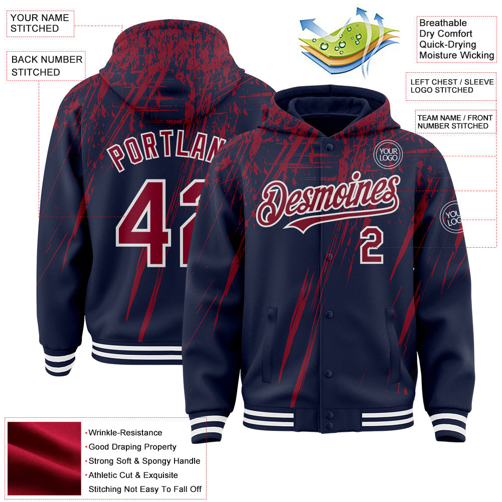 Custom Navy Crimson-White Splash 3D Pattern Design Bomber Full-Snap Varsity Letterman Hoodie Jacket