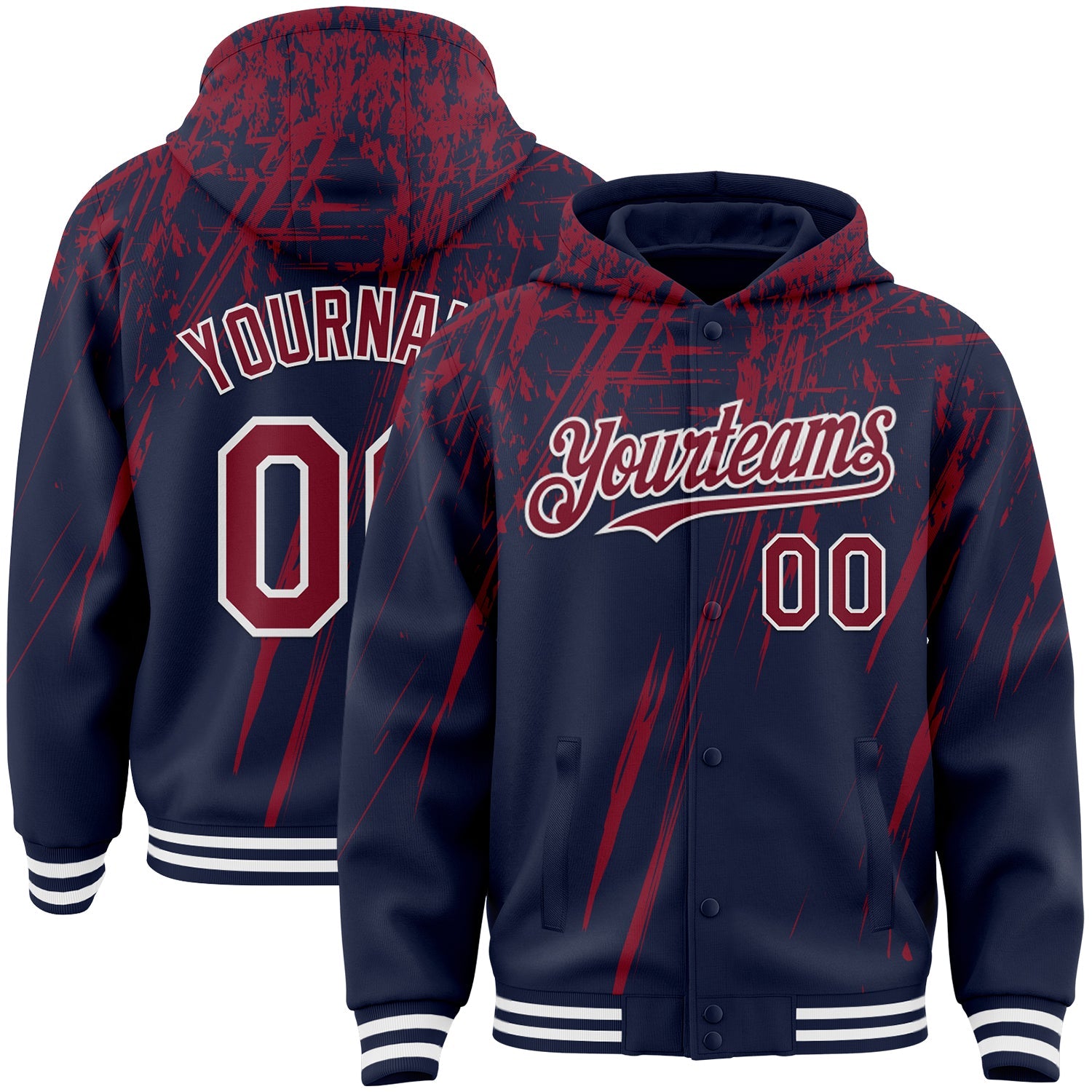 Custom Navy Crimson-White Splash 3D Pattern Design Bomber Full-Snap Varsity Letterman Hoodie Jacket