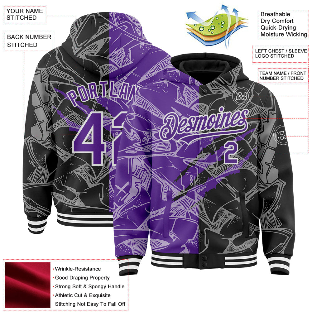 Custom Graffiti Pattern Purple Black-White Scratch Bomber Full-Snap Varsity Letterman Hoodie Jacket