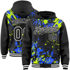 Custom Black Neon Green Royal-White Splash 3D Pattern Design Bomber Full-Snap Varsity Letterman Hoodie Jacket