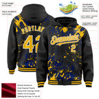 Custom Black Gold Royal-White Splash 3D Pattern Design Bomber Full-Snap Varsity Letterman Hoodie Jacket