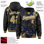 Custom Black Old Gold Royal-White Splash 3D Pattern Design Bomber Full-Snap Varsity Letterman Hoodie Jacket