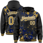 Custom Black Old Gold Royal-White Splash 3D Pattern Design Bomber Full-Snap Varsity Letterman Hoodie Jacket