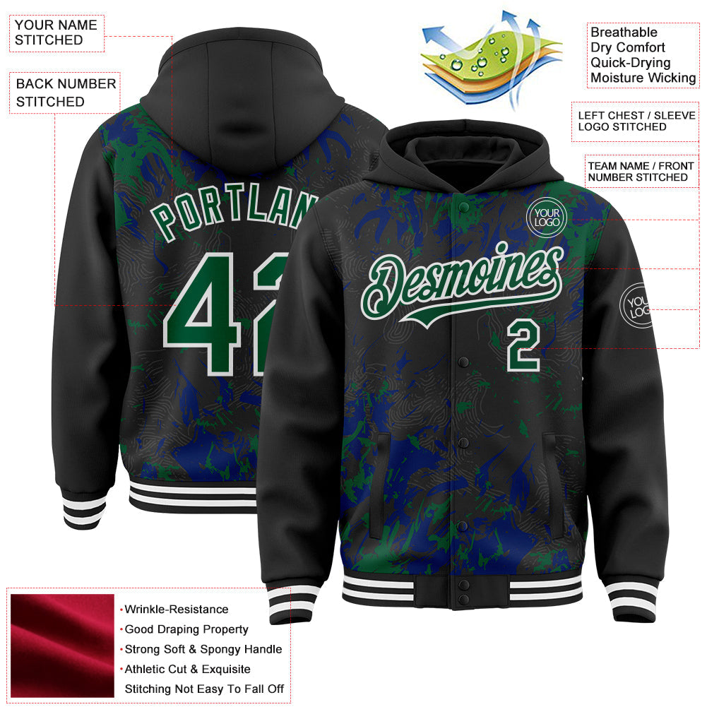 Custom Black Kelly Green Royal-White Splash 3D Pattern Design Bomber Full-Snap Varsity Letterman Hoodie Jacket