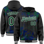 Custom Black Kelly Green Royal-White Splash 3D Pattern Design Bomber Full-Snap Varsity Letterman Hoodie Jacket