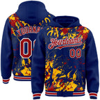 Custom Royal Red Gold-White Splash 3D Pattern Design Bomber Full-Snap Varsity Letterman Hoodie Jacket