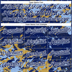 Custom Royal Light Blue Old Gold-White Splash 3D Pattern Design Bomber Full-Snap Varsity Letterman Hoodie Jacket
