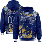 Custom Royal Light Blue Old Gold-White Splash 3D Pattern Design Bomber Full-Snap Varsity Letterman Hoodie Jacket