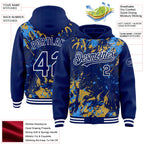 Custom Royal Powder Blue Old Gold-White Splash 3D Pattern Design Bomber Full-Snap Varsity Letterman Hoodie Jacket