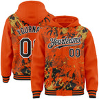 Custom Orange Black Old Gold-White Splash 3D Pattern Design Bomber Full-Snap Varsity Letterman Hoodie Jacket