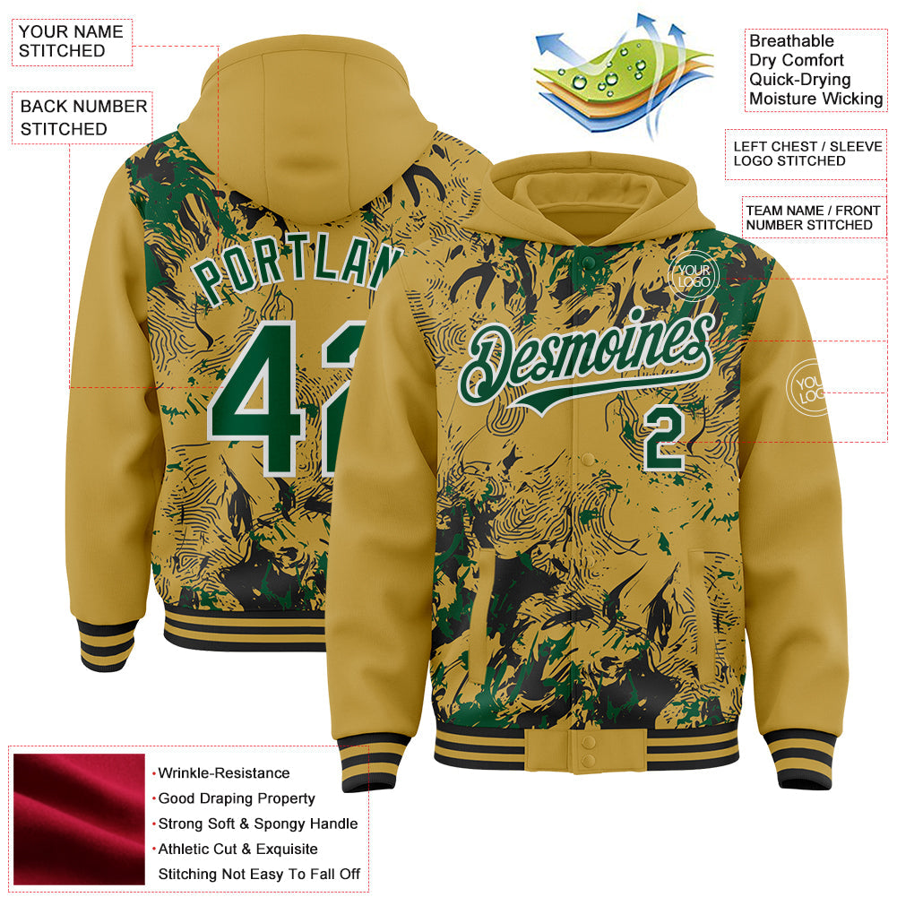 Custom Old Gold Kelly Green Black-White Splash 3D Pattern Design Bomber Full-Snap Varsity Letterman Hoodie Jacket