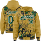 Custom Old Gold Kelly Green Black-White Splash 3D Pattern Design Bomber Full-Snap Varsity Letterman Hoodie Jacket