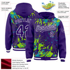 Custom Purple Teal Neon Green-White Splash 3D Pattern Design Bomber Full-Snap Varsity Letterman Hoodie Jacket