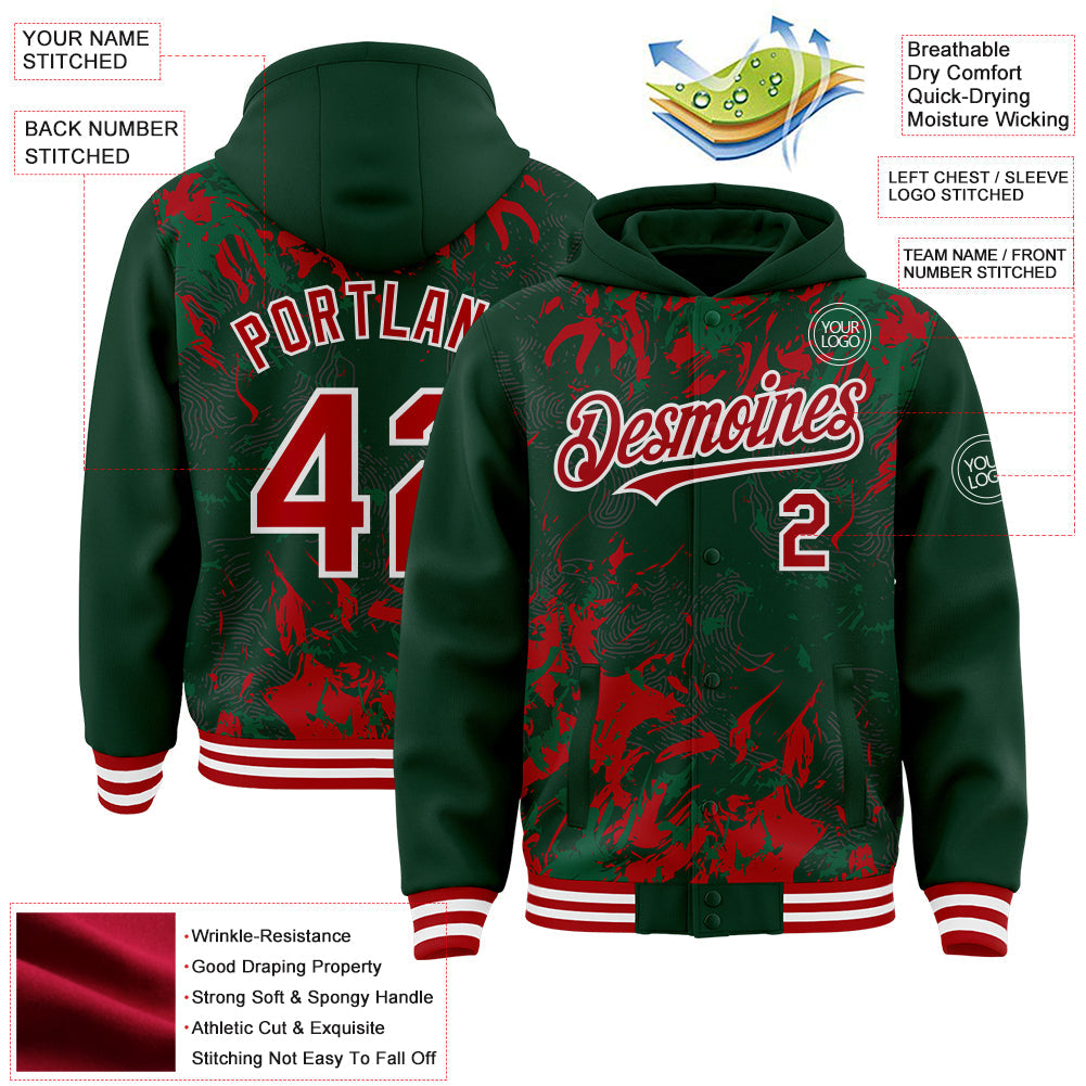 Custom Green Red Kelly Green-White Splash 3D Pattern Design Bomber Full-Snap Varsity Letterman Hoodie Jacket