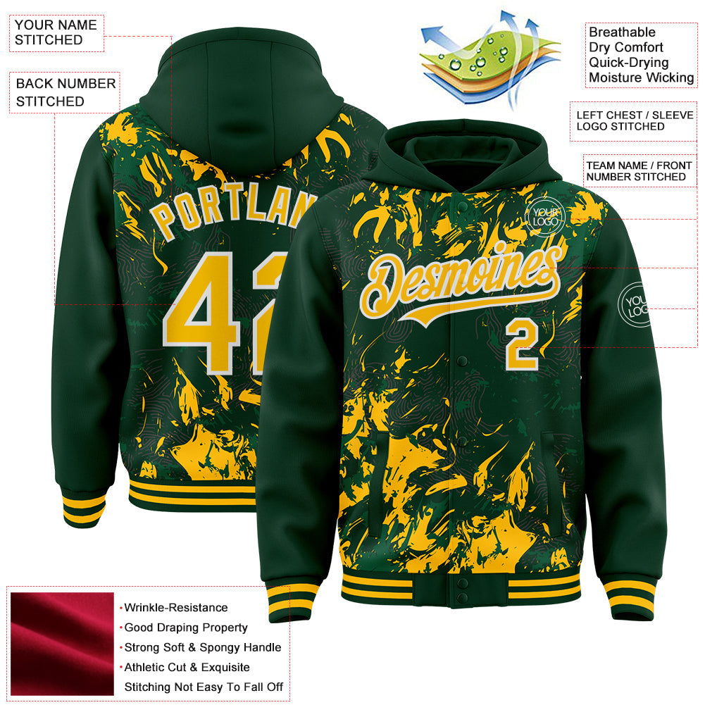 Custom Green Gold Kelly Green-White Splash 3D Pattern Design Bomber Full-Snap Varsity Letterman Hoodie Jacket