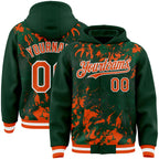 Custom Green Orange Kelly Green-White Splash 3D Pattern Design Bomber Full-Snap Varsity Letterman Hoodie Jacket