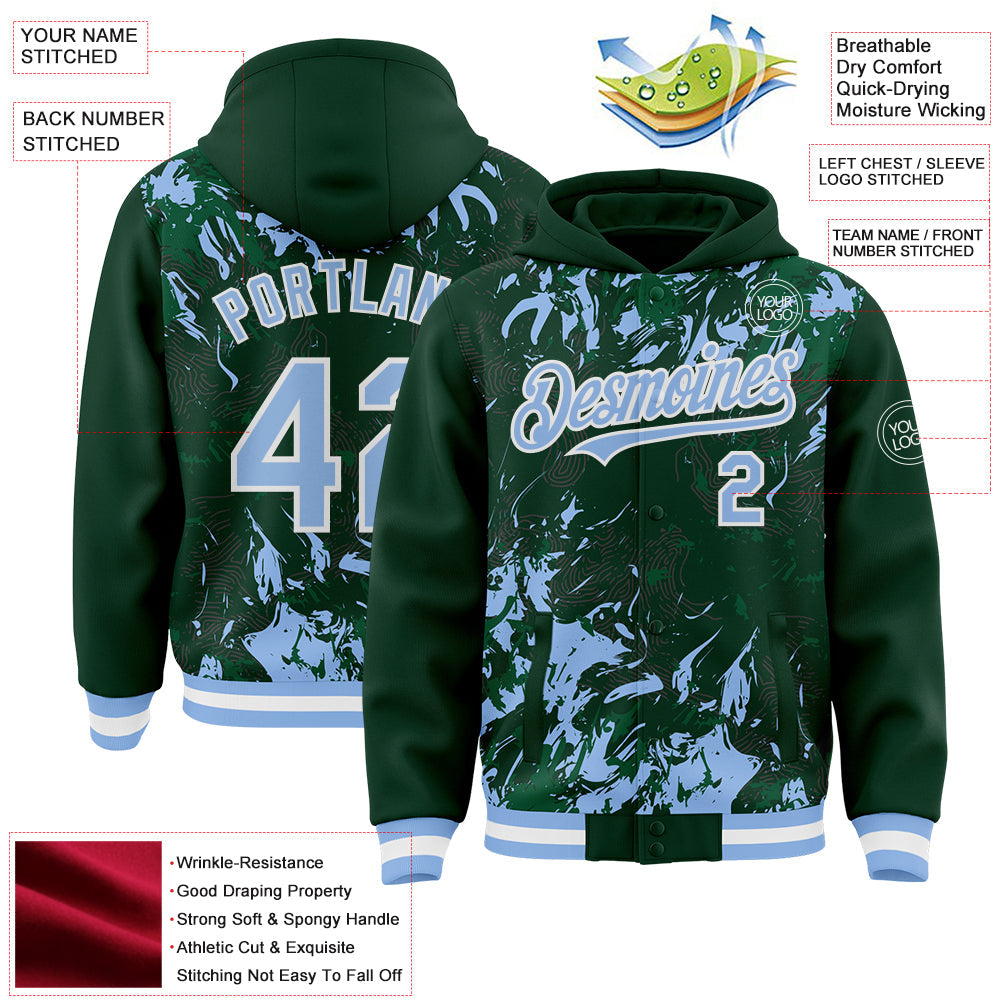 Custom Green Light Blue Kelly Green-White Splash 3D Pattern Design Bomber Full-Snap Varsity Letterman Hoodie Jacket