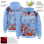 Custom Light Blue Royal Orange-White Splash 3D Pattern Design Bomber Full-Snap Varsity Letterman Hoodie Jacket