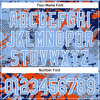 Custom Light Blue Royal Orange-White Splash 3D Pattern Design Bomber Full-Snap Varsity Letterman Hoodie Jacket