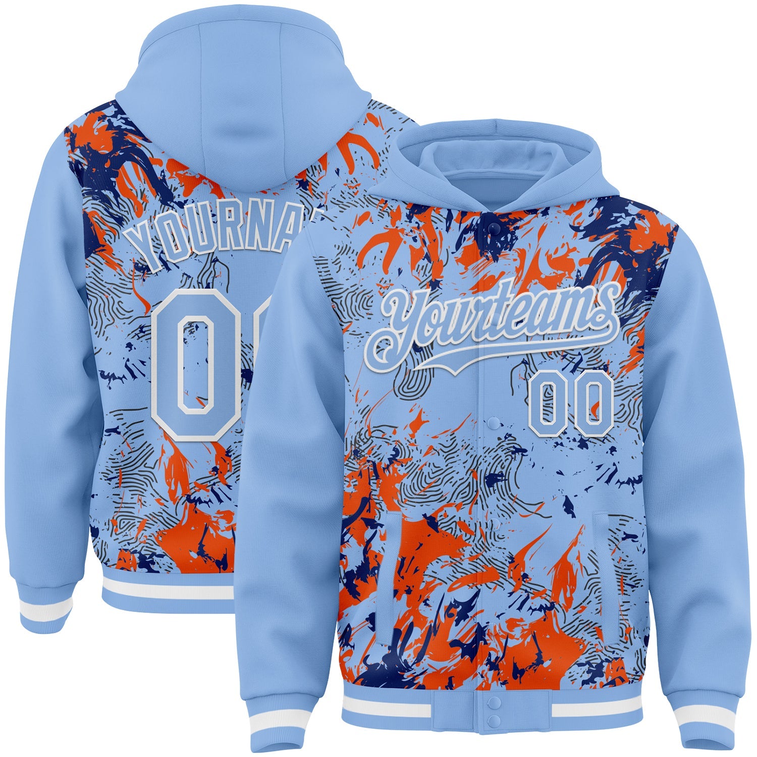 Custom Light Blue Royal Orange-White Splash 3D Pattern Design Bomber Full-Snap Varsity Letterman Hoodie Jacket
