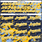 Custom Navy Gold Light Blue-White Splash 3D Pattern Design Bomber Full-Snap Varsity Letterman Hoodie Jacket