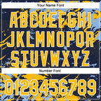 Custom Navy Gold Light Blue-White Splash 3D Pattern Design Bomber Full-Snap Varsity Letterman Hoodie Jacket