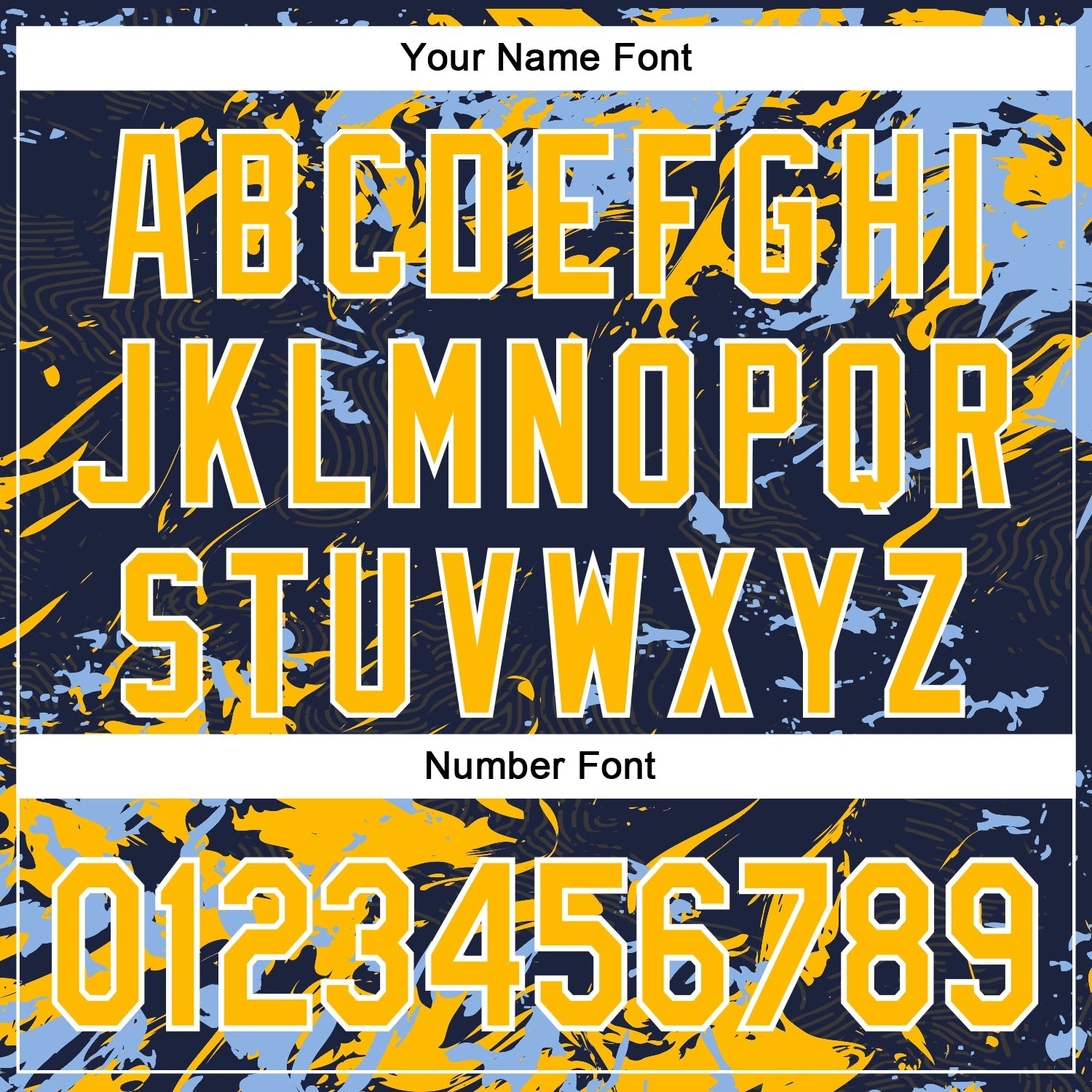 Custom Navy Gold Light Blue-White Splash 3D Pattern Design Bomber Full-Snap Varsity Letterman Hoodie Jacket