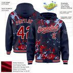 Custom Navy Red Light Blue-White Splash 3D Pattern Design Bomber Full-Snap Varsity Letterman Hoodie Jacket