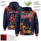 Custom Navy Red Old Gold-White Splash 3D Pattern Design Bomber Full-Snap Varsity Letterman Hoodie Jacket