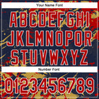 Custom Navy Red Old Gold-White Splash 3D Pattern Design Bomber Full-Snap Varsity Letterman Hoodie Jacket