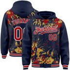 Custom Navy Red Old Gold-White Splash 3D Pattern Design Bomber Full-Snap Varsity Letterman Hoodie Jacket