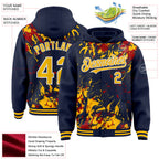Custom Navy Gold Red-White Splash 3D Pattern Design Bomber Full-Snap Varsity Letterman Hoodie Jacket
