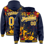 Custom Navy Gold Red-White Splash 3D Pattern Design Bomber Full-Snap Varsity Letterman Hoodie Jacket