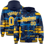 Custom Navy Gold Blue-White Abstract Fragment Shape 3D Pattern Design Bomber Full-Snap Varsity Letterman Hoodie Jacket