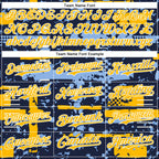 Custom Navy Gold Light Blue-White Abstract Fragment Shape 3D Pattern Design Bomber Full-Snap Varsity Letterman Hoodie Jacket